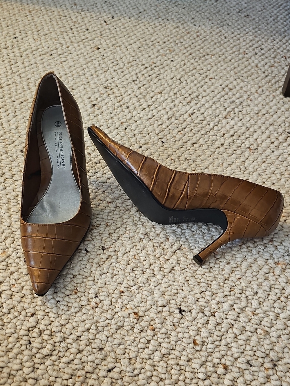 Expressions Tan Croc-Embossed Pointed-Toe Pumps